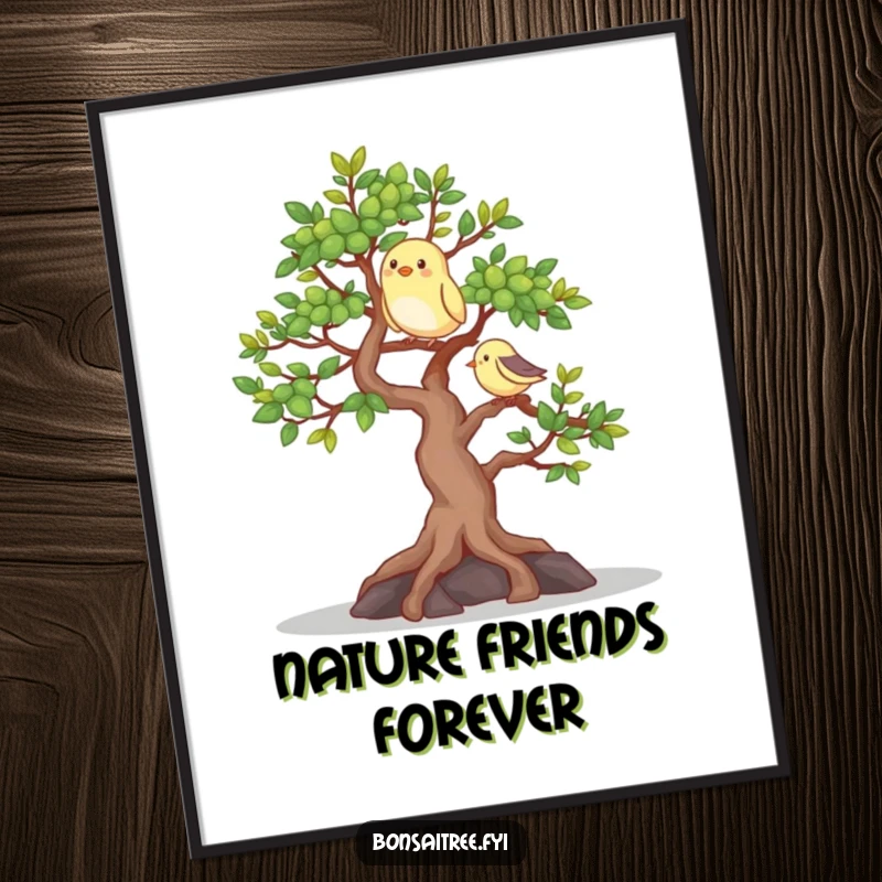 Funny poster showcasing a happy bonsai tree attended by a bird, bringing a delightful and serene natural scene indoors.