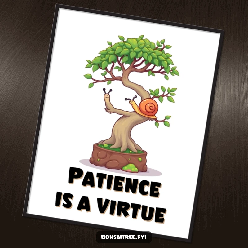 Funny Bonsai Tree Poster: An illustration of a mischievous bonsai character carefully balancing a tiny snail on its highest branch, looking focused.