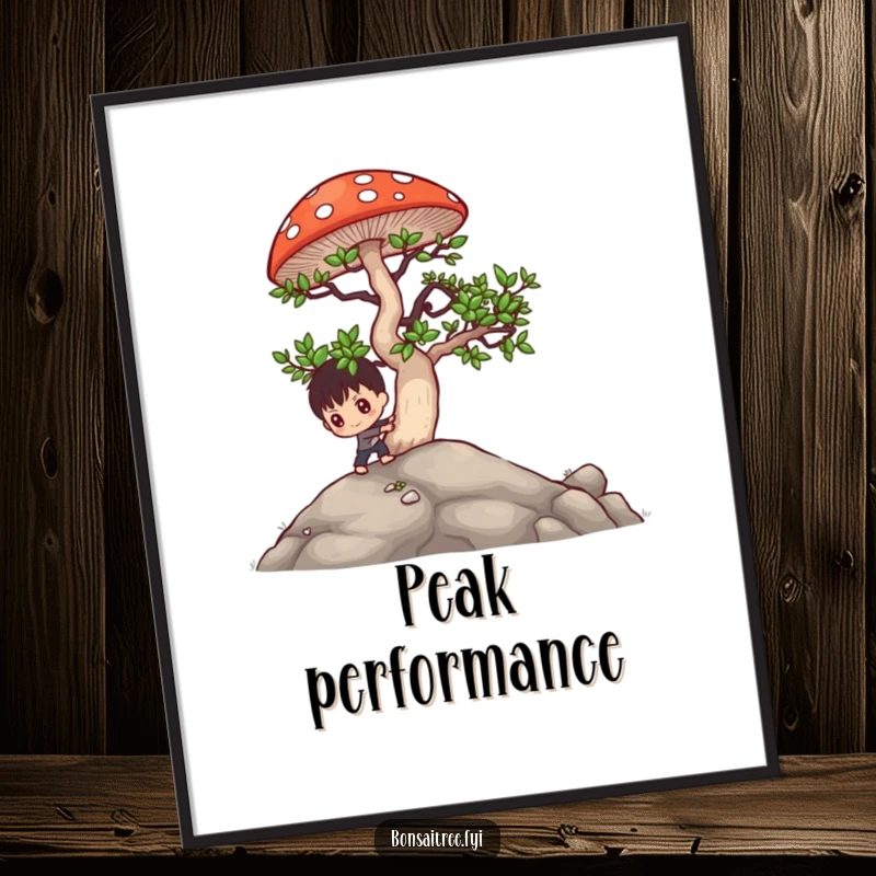 Funny bonsai character pushing a large mushroom uphill, presented as a motivational and humorous art print poster.