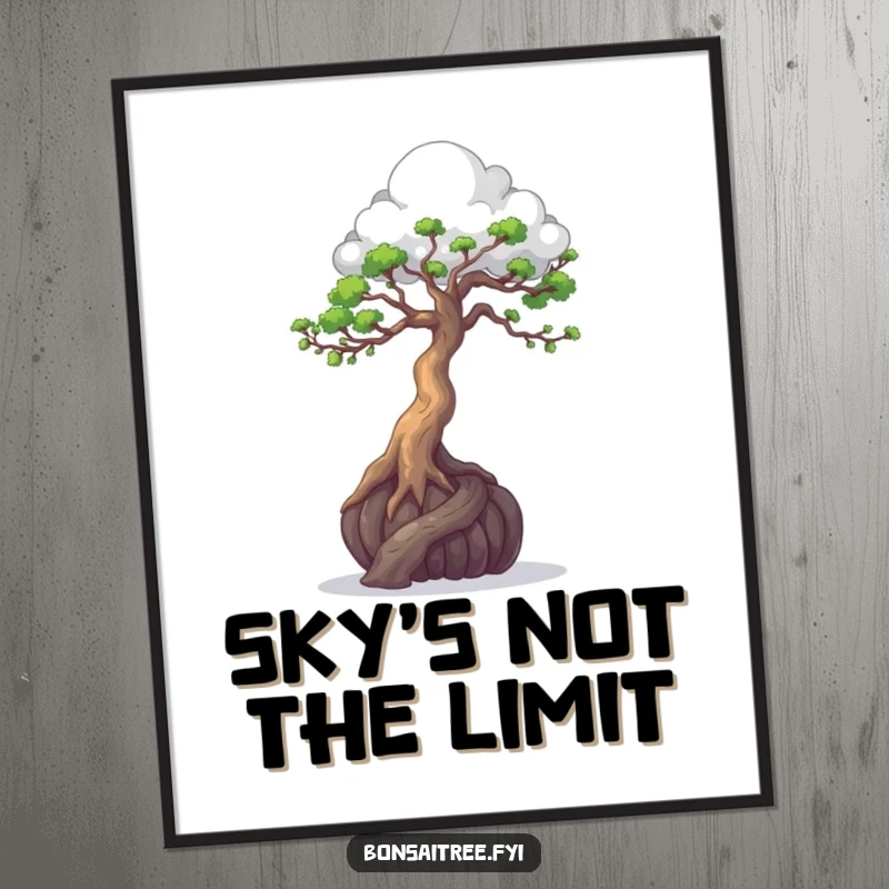 Funny wall art poster of a bonsai tree artistically sculpting a cloud with its branches, a serene and humorous image.