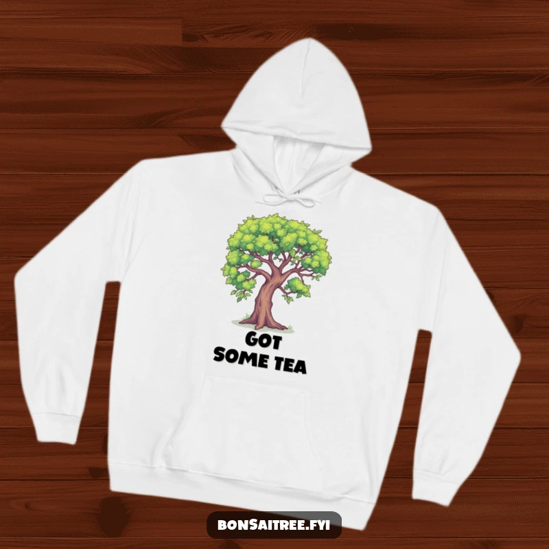 Funny, cozy hoodie with a small tree design, appearing to whisper a funny secret.
