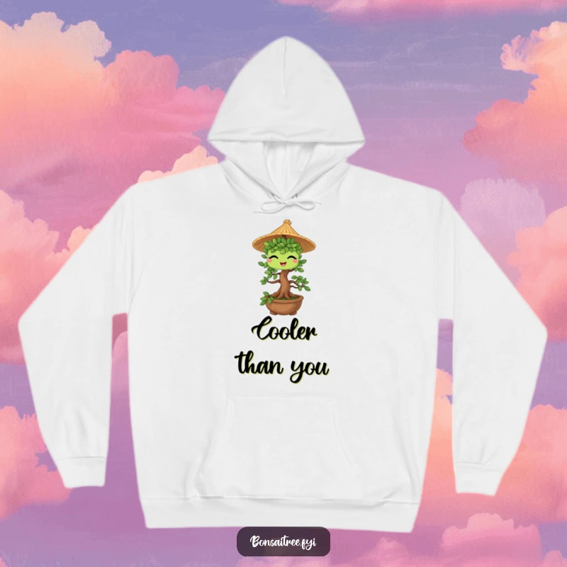 Funny Bonsai Tree Hoodie: A charming bonsai character wearing a miniature straw hat and giving a cheeky wink, perfect for cool comfort.