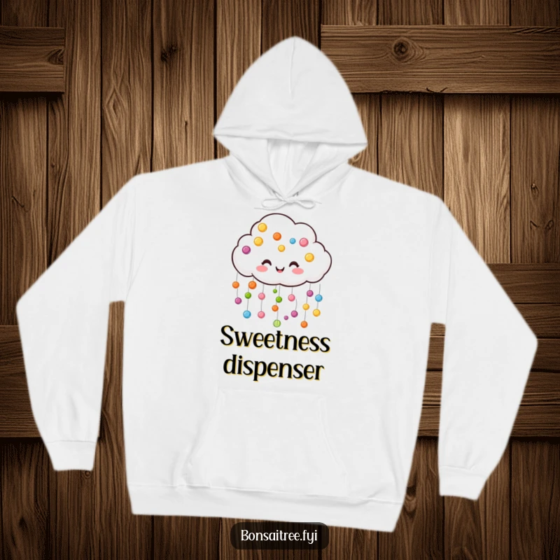 Funny cloud hoodie, raining colorful candy drops, designed for ultimate cozy sweetness and playful comfort.