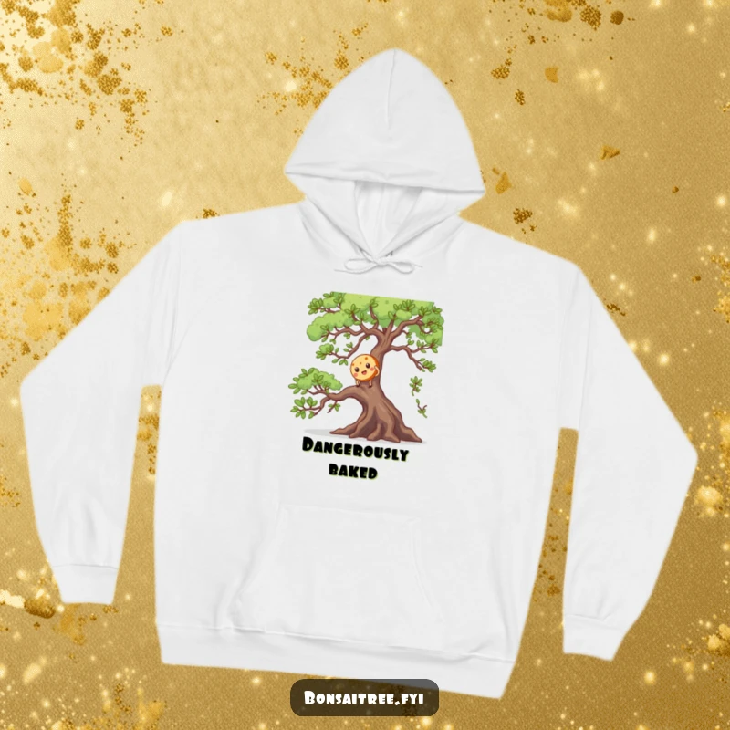 Funny hoodie displaying a cookie character's challenging climb on a detailed bonsai tree, capturing a moment of funny, ambitious endeavor.