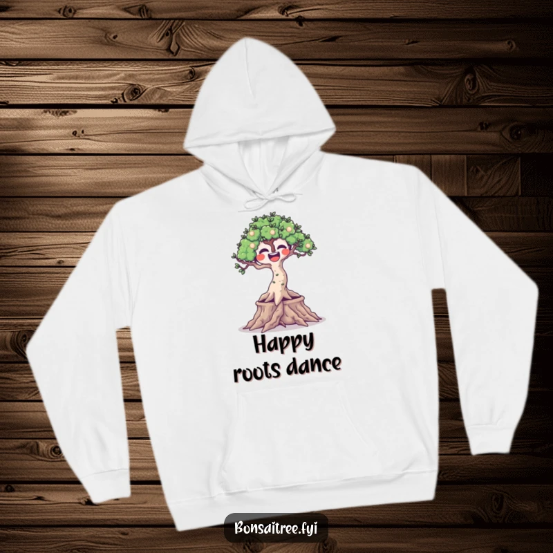 Funny pullover hoodie featuring a joyful bonsai tree with wiggling roots, offering cozy comfort and humorous delight.
