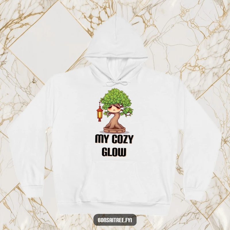 Funny weary bonsai tree character sighing contentedly under a tiny lantern, radiating calm in a cozy hoodie.