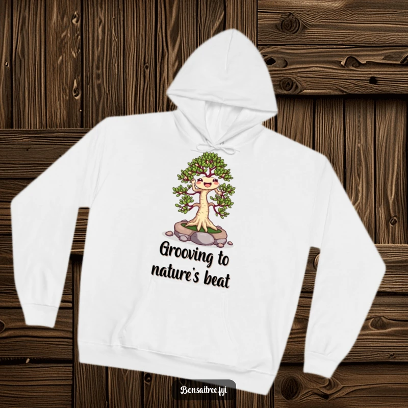 Funny Jigging Bonsai Tree Hoodie: A cheerful bonsai tree dances with stones, offering a humorous and warm design for cozy comfort.