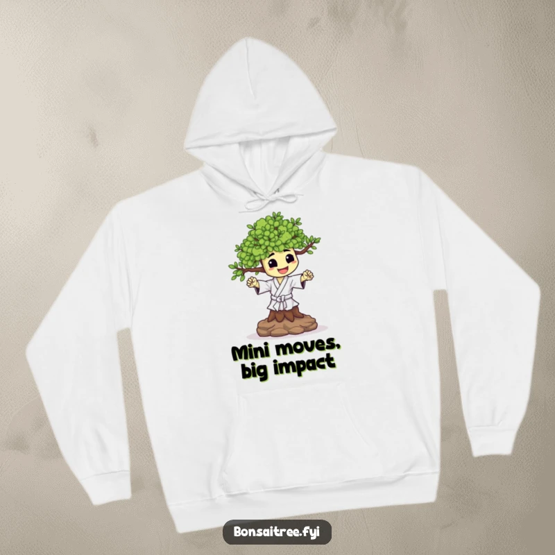 Funny hoodie depicting a happy bonsai tree character performing a tiny, powerful karate chop. Comfortable and motivating.