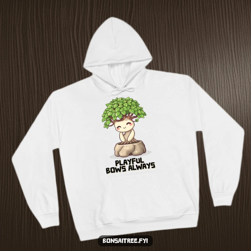 Funny pullover hoodie featuring a playful bonsai tree character bowing with a warm smile, offering cozy comfort and humorous charm.