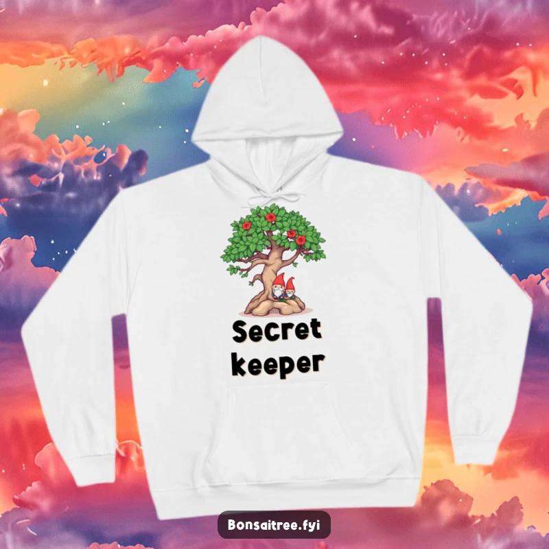 Funny mischievous bonsai winking and hiding a gnome on a hoodie, offering warmth and a touch of playful, witty humor.