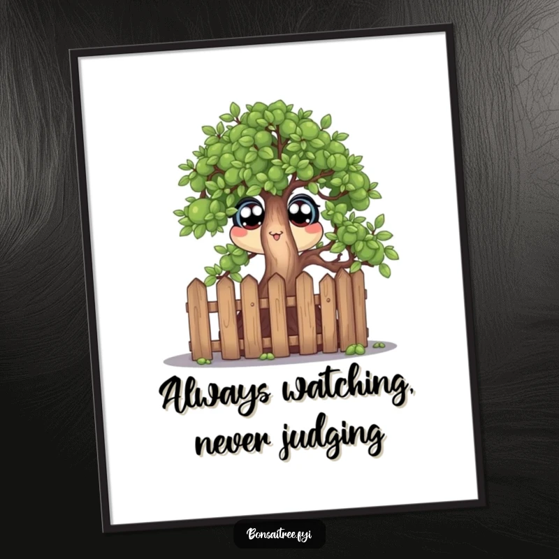 Funny Free Printable Wall Art of a bonsai tree character peeking over a miniature fence with wide, curious eyes.
