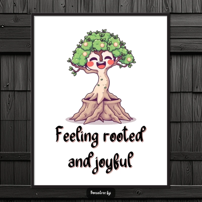 Funny Free Printable Wall Art of a bonsai tree character with a very joyful expression and its roots wiggling energetically.