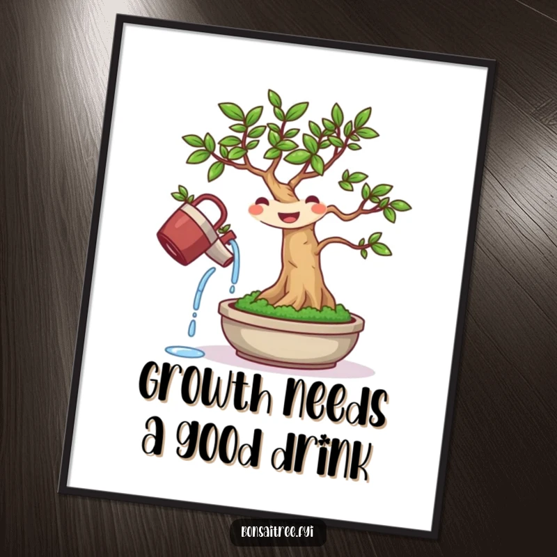 Funny Free Printable Wall Art: A tiny cheerful bonsai vigorously watering itself, bringing humor to any room.