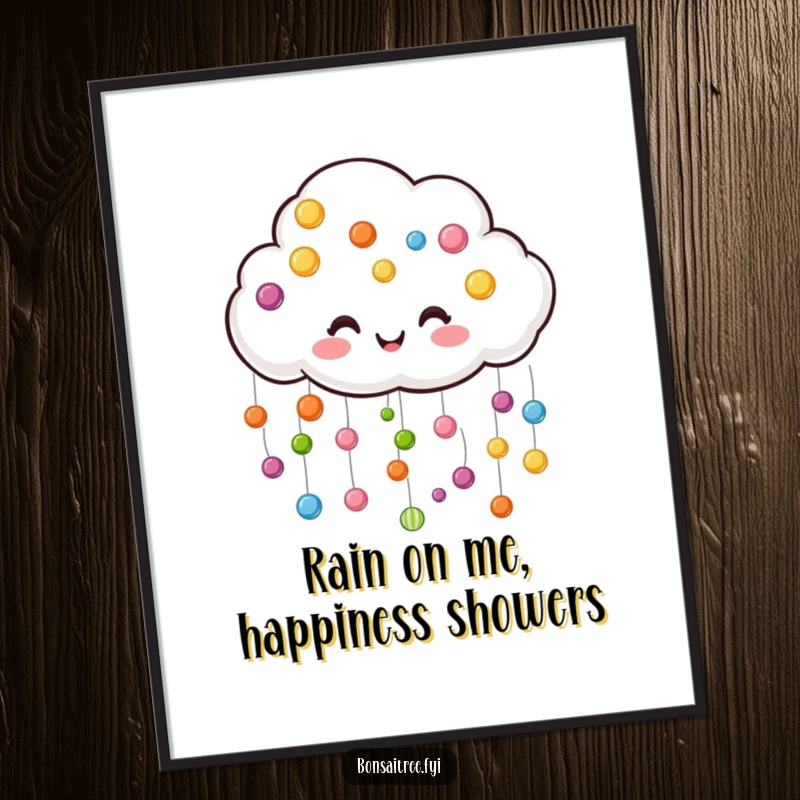 Funny Free Printable Wall Art: A happy cloud gently raining a vibrant cascade of colorful candies.