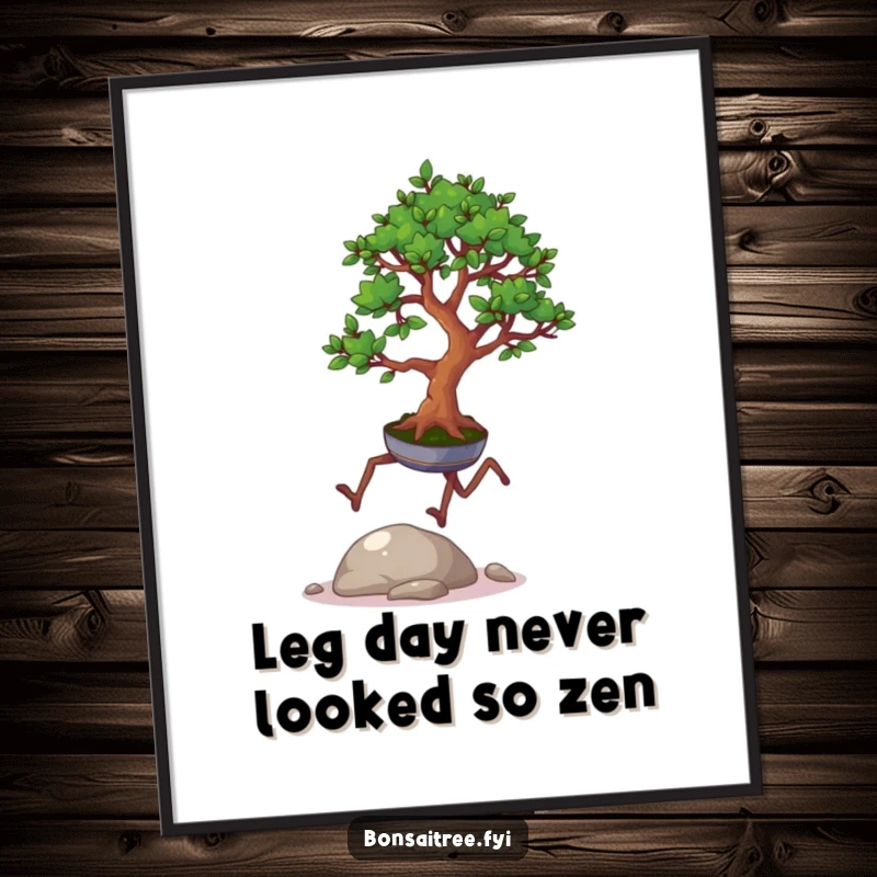 Funny Free Printable Wall Art: A small, leggy bonsai tree is captured mid-hop over a pebble, radiating playful energy and charm.