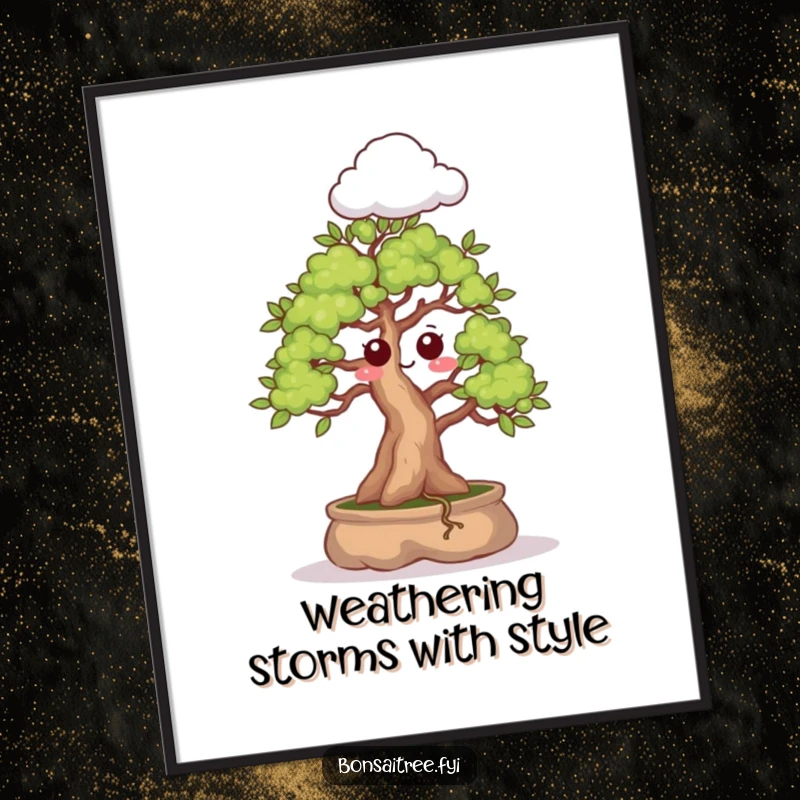 Funny Free Printable Wall Art: A bonsai tree with a comically surprised expression sprouts a tiny, fluffy cloud, creating a whimsical scene.