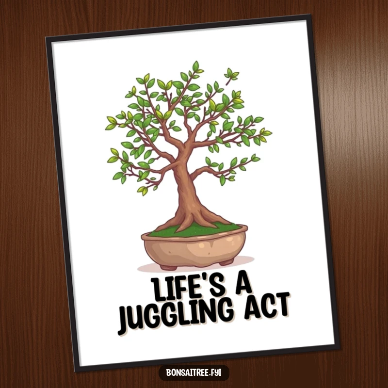 Funny Free Printable Wall Art: A sophisticated bonsai tree in the act of juggling its own tiny, green leaves with impressive skill.
