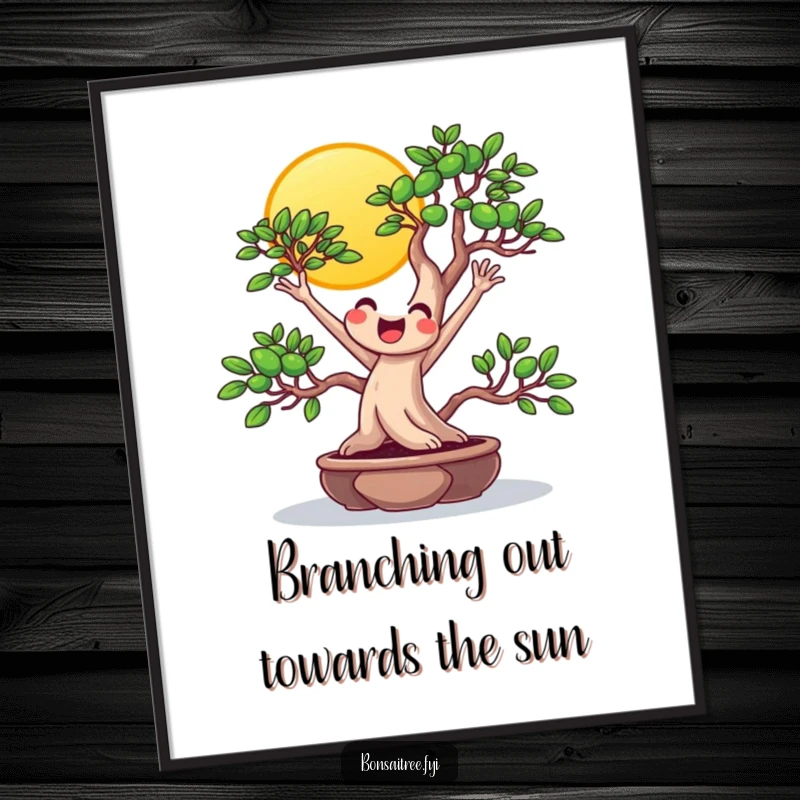 Funny Free Printable Wall Art: Beaming bonsai character stretching branches towards a cheerful sun, creating a bright and optimistic scene.