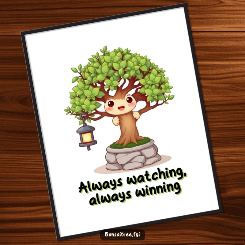 Funny Free Printable Wall Art: A cheerful bonsai character playfully peeks from behind a miniature stone lantern.