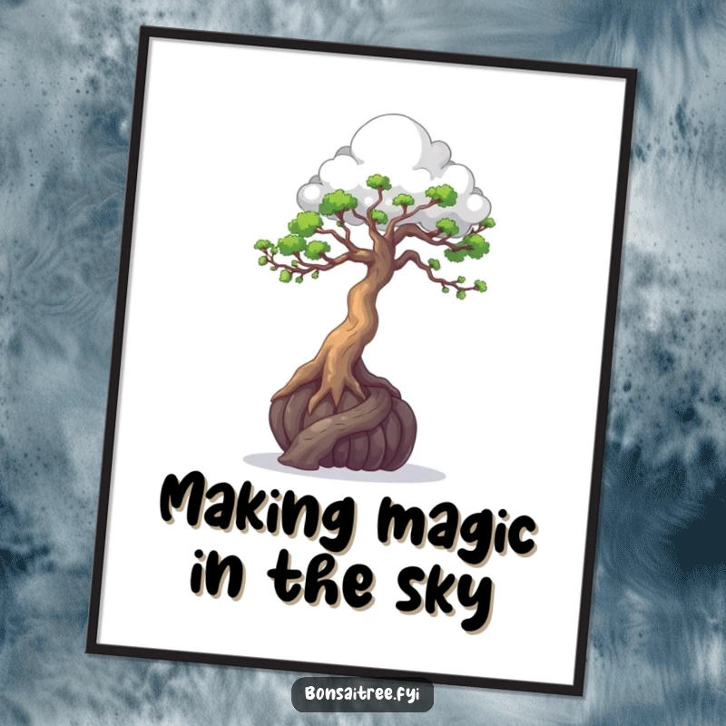 Funny Free Printable Wall Art: A bonsai tree artistically sculpts a small, fluffy cloud with its intricate branches, a delightful scene.