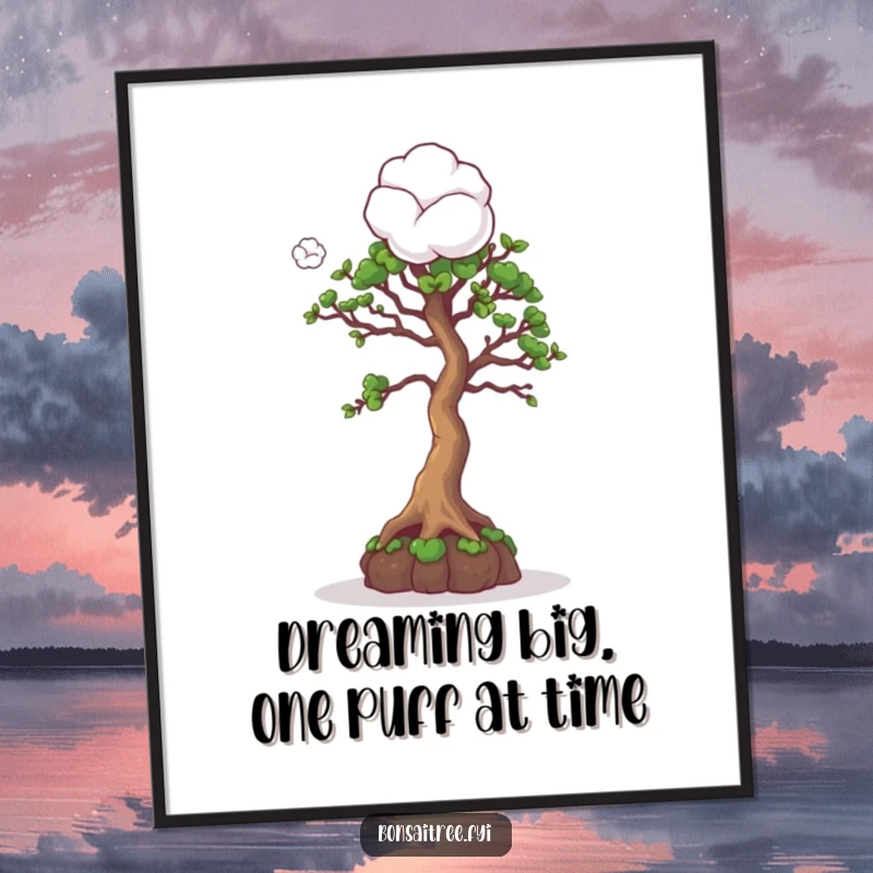 Funny Free Printable Wall Art: A curious bonsai tree contemplates a floating cotton ball, creating a scene of gentle, humorous intrigue.