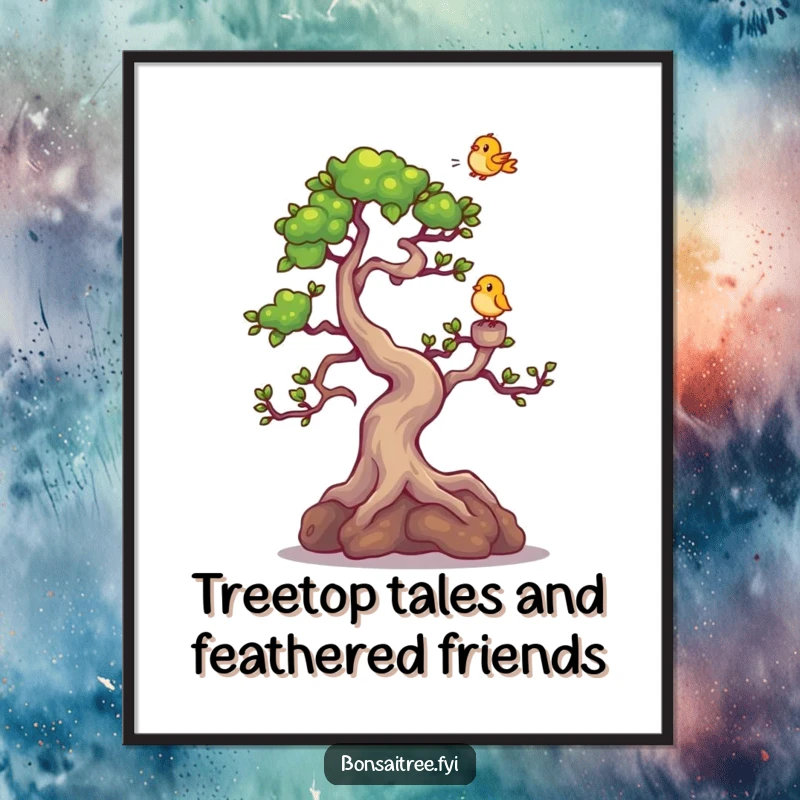 Funny Free Printable Wall Art: A bonsai tree character giggling uncontrollably as a tiny bird perches on its highest branch.