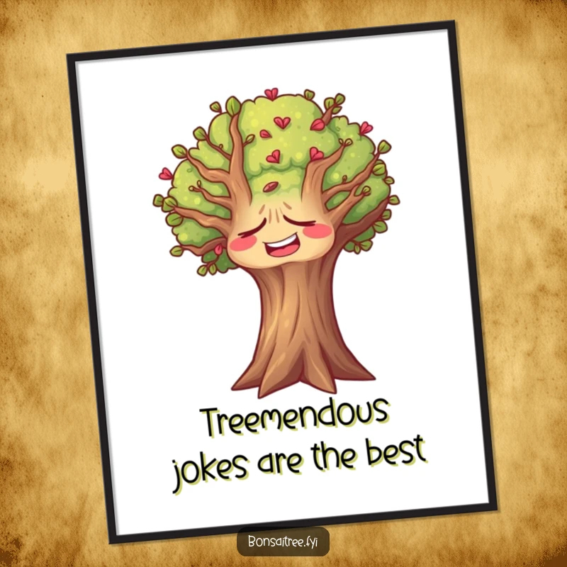 Funny free printable wall art: A depiction of a tree with its face scrunched in a silent, hearty laugh, embodying pure, contagious humor.