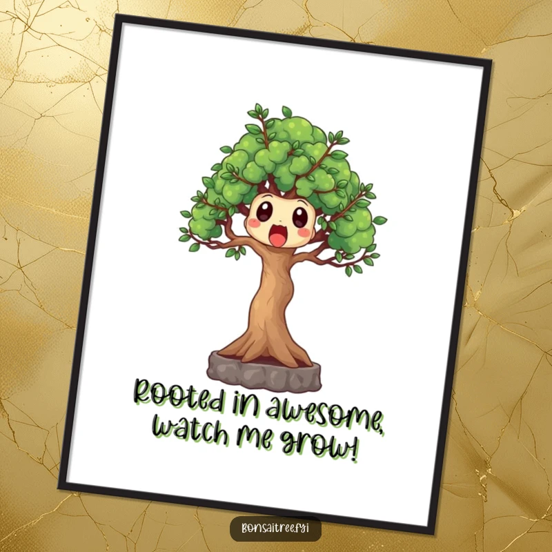 Funny Free Printable Wall Art of a surprised bonsai tree with its branches reaching out dramatically, perfect for a quirky home.