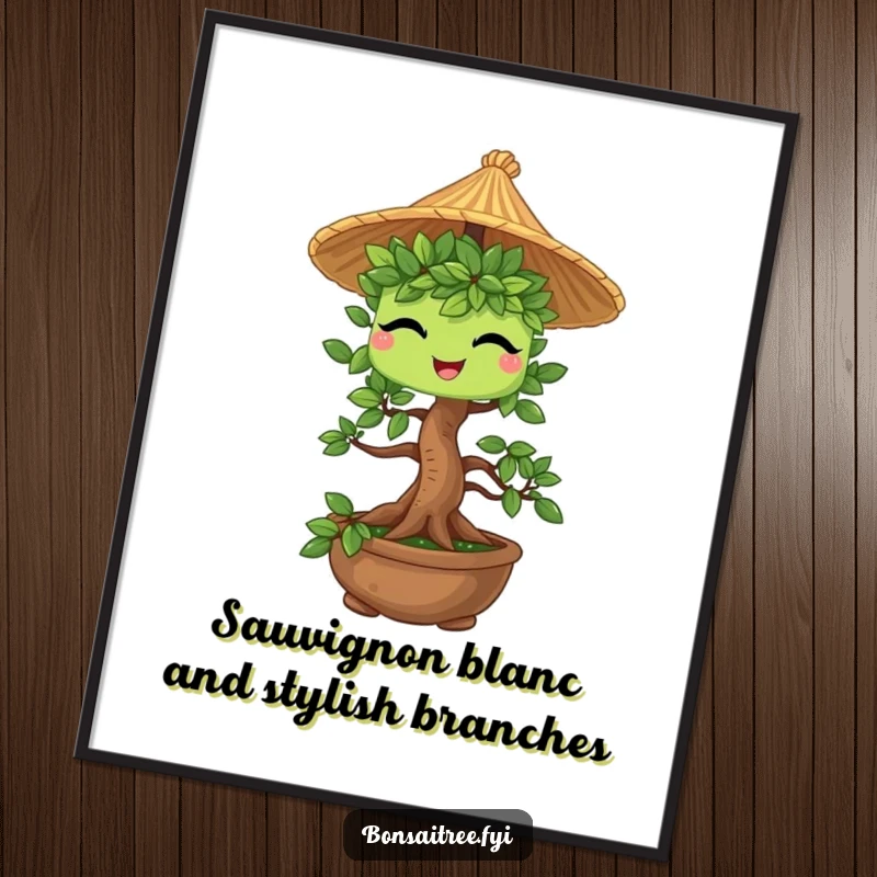Funny Free Printable Wall Art: A bonsai tree character wearing a tiny straw hat and giving a charming wink.