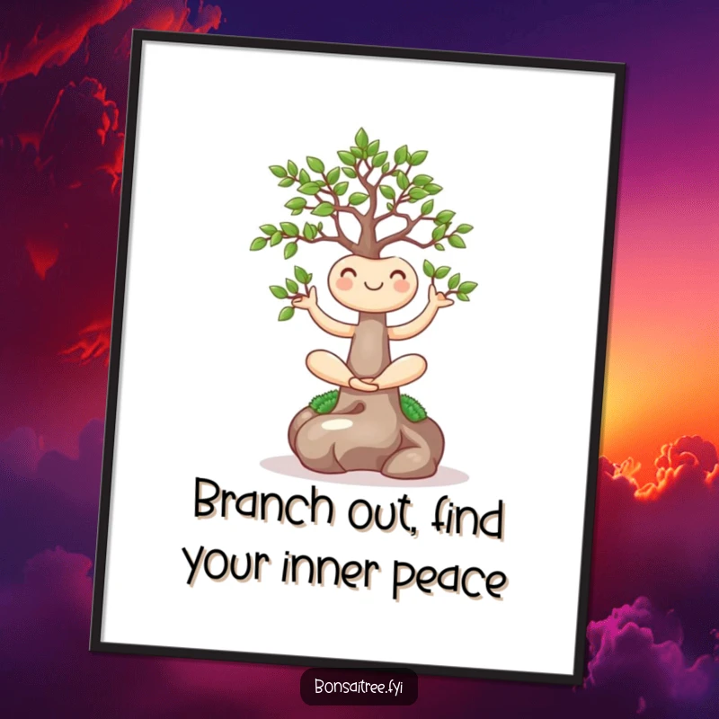 Funny Free Printable Wall Art: A tiny bonsai tree with a smiling face gracefully performing a yoga pose.