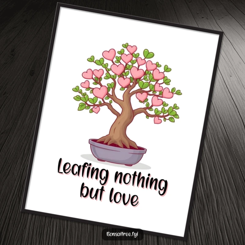 Funny Free Printable Wall Art of a delicate bonsai tree, its leaves artfully shaped like tiny, sweet hearts.