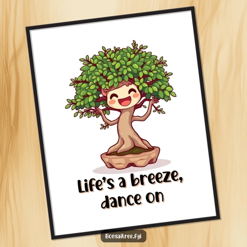 Funny Free Printable Wall Art: A joyful bonsai tree character gracefully dances with a gentle breeze, embodying pure, lighthearted fun.