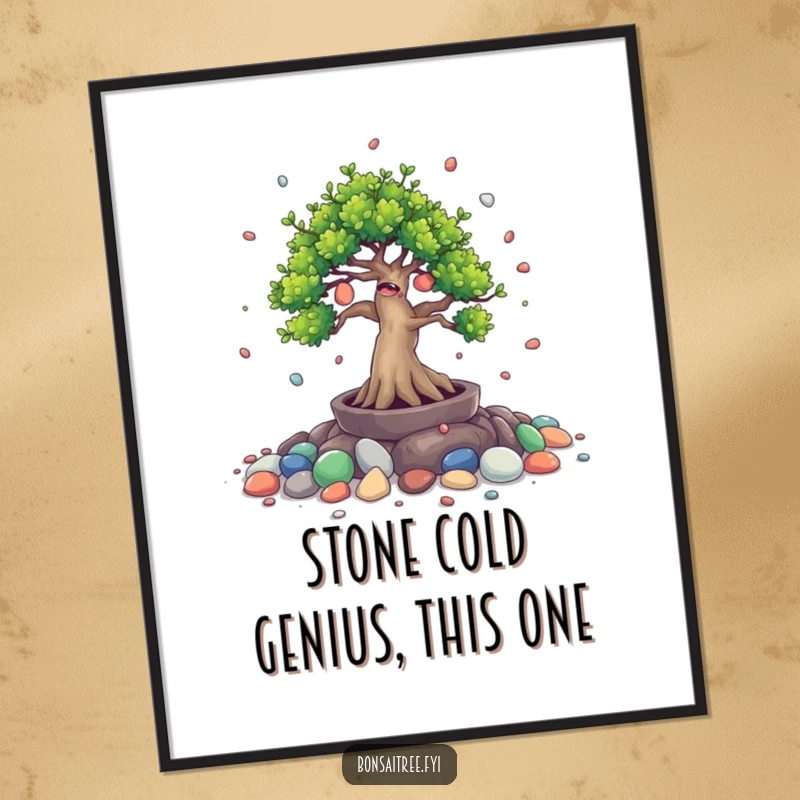 Funny Free Printable Wall Art: Giggling bonsai tree spills tiny painted stones, a whimsical and joyful downloadable art piece.
