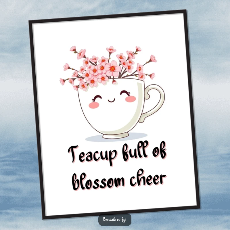 Free Printable Wall Art: Whimsical teacup character overflowing with vibrant cherry blossoms, a cheerful and artistic digital download.