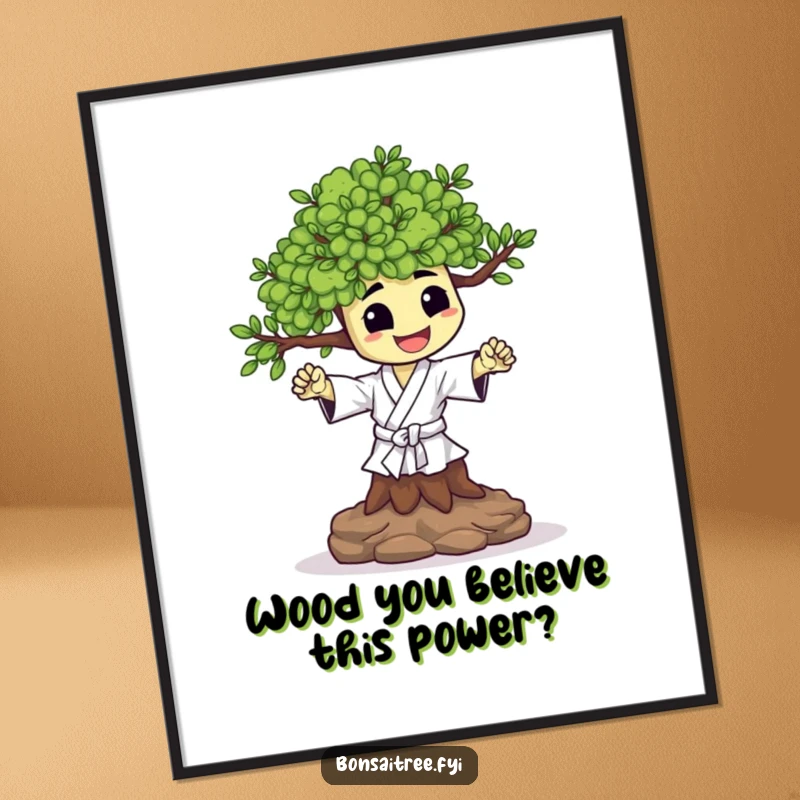 Funny Free Printable Wall Art: Happy bonsai tree performs a tiny karate chop, an energetic and humorous downloadable art piece.