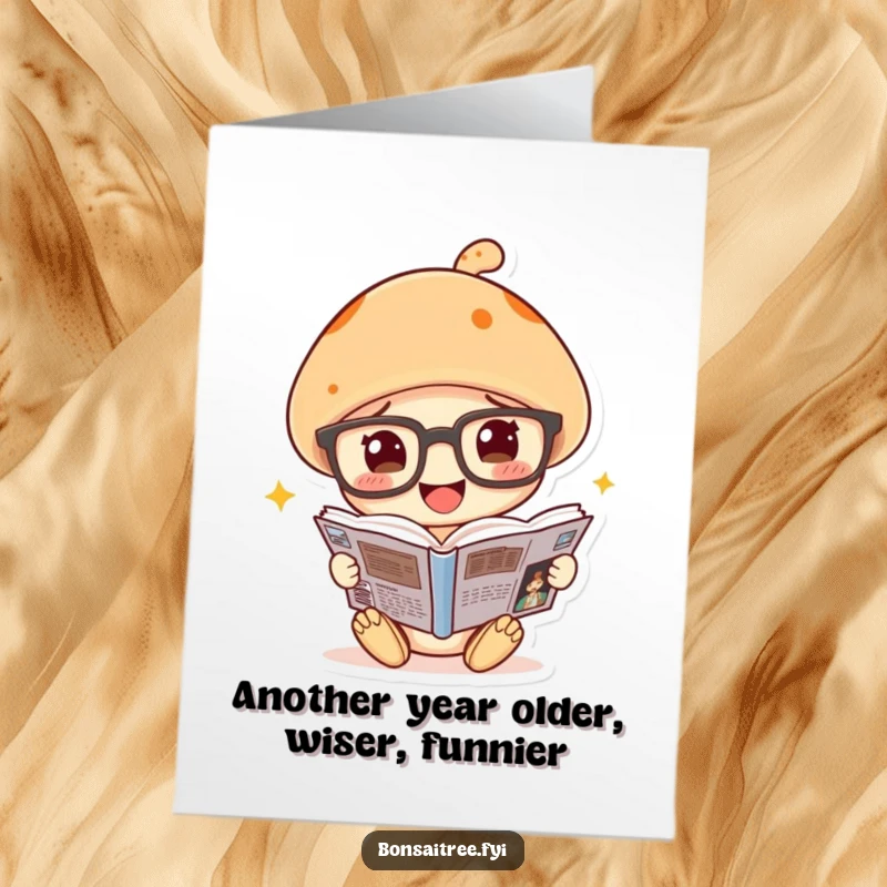 Funny Free Printable Birthday Card: Mushroom scholar with glasses engrossed in a comic book, ready to celebrate.
