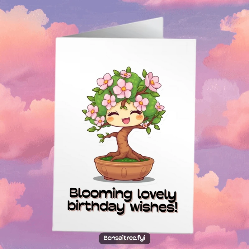 Funny Free Printable Birthday Card: Winking bonsai tree offering a single perfect bloom, spreading birthday cheer with a playful wink.
