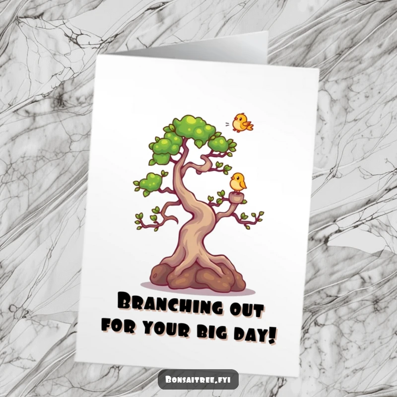 Funny Free Printable Birthday Card: Giggling bonsai tree character delighted by a tiny bird on its branch.