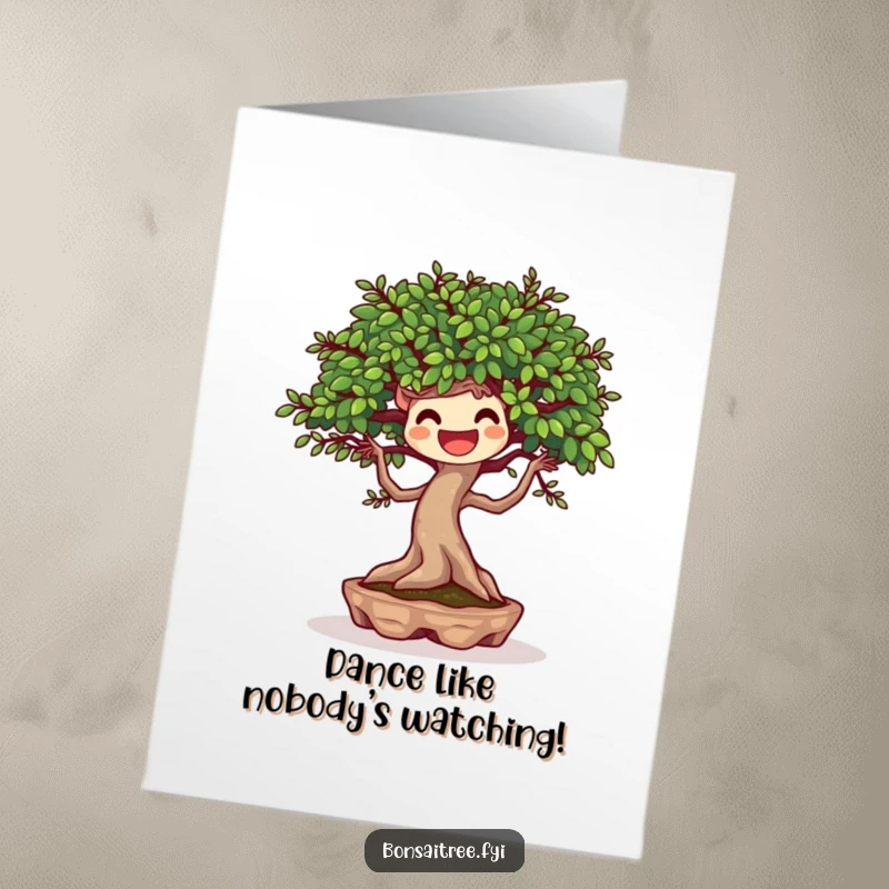 Funny Free Printable Birthday Card: Joyful bonsai tree dances freely with a gentle breeze, celebrating happiness and birthdays.