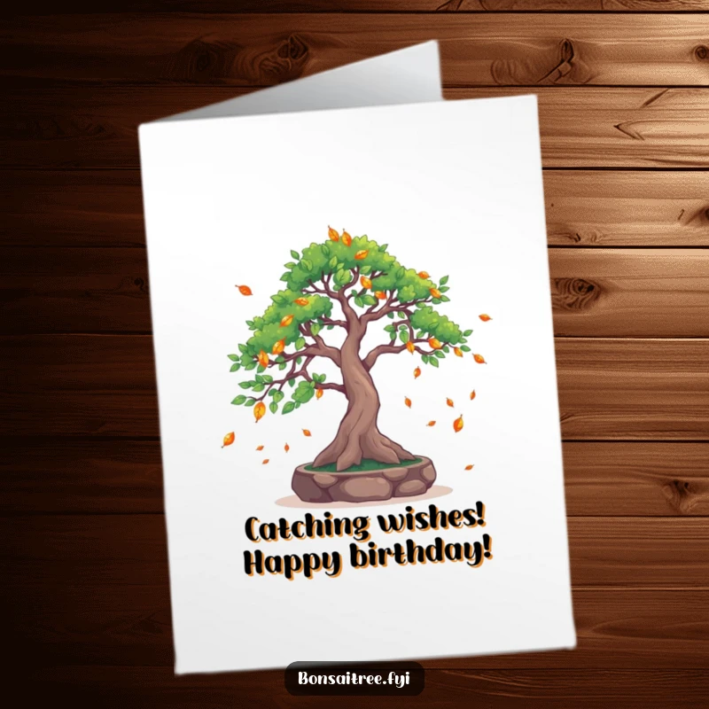 Free Printable Birthday Card: A serene bonsai tree with outstretched branches gracefully catching falling autumn leaves.