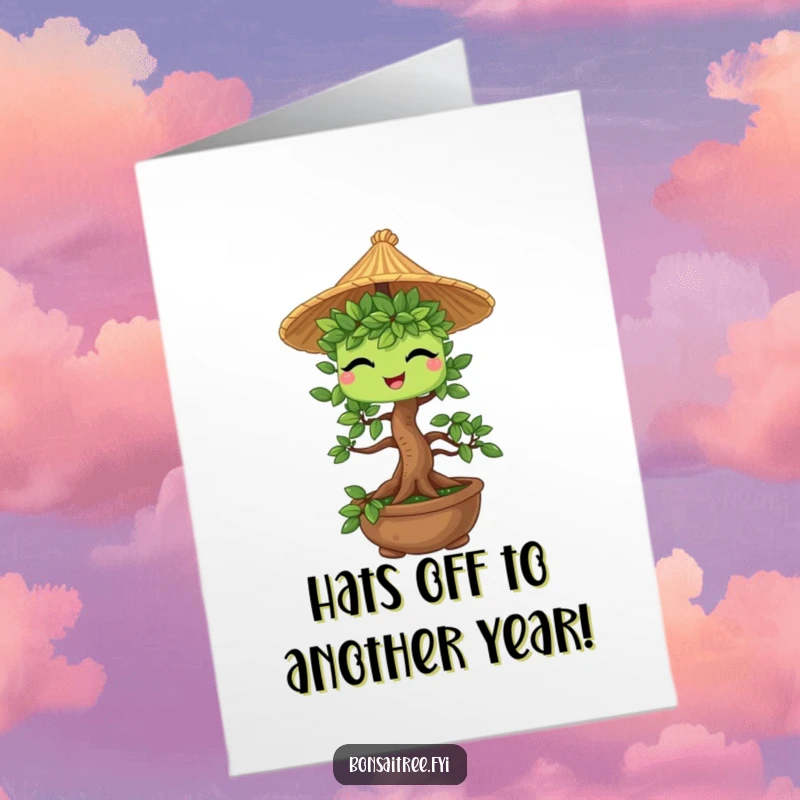 Funny Free Printable Birthday Card: A winking bonsai tree character sporting a tiny, jaunty straw hat.