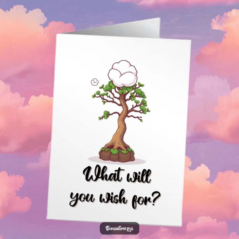 Funny Free Printable Birthday Card: Curious bonsai tree peers up at a floating cotton ball, sparking wonder and birthday fun.