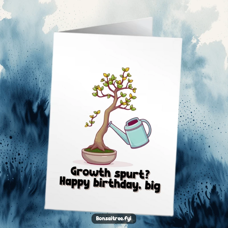 Funny Free Printable Birthday Card: A tiny bonsai struggles hilariously with a giant watering can, offering birthday cheer.