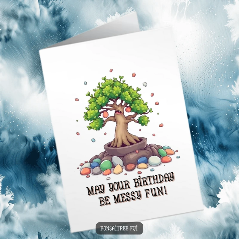 Funny Free Printable Birthday Card: Giggling bonsai tree playfully spills tiny painted stones, perfect for a lighthearted celebration.