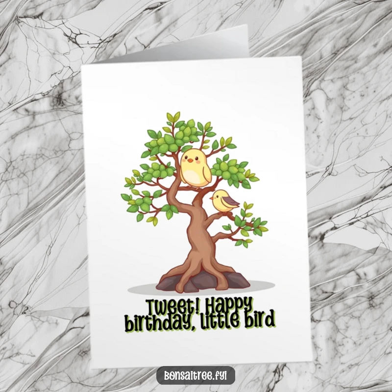 Funny Free Printable Birthday Card showing a happy bonsai tree with a cheerful bird perched on its branch, celebrating.