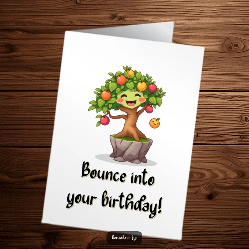 Funny Free Printable Birthday Card: Joyful bonsai tree character energetically bouncing a small, vibrant fruit, radiating happiness.