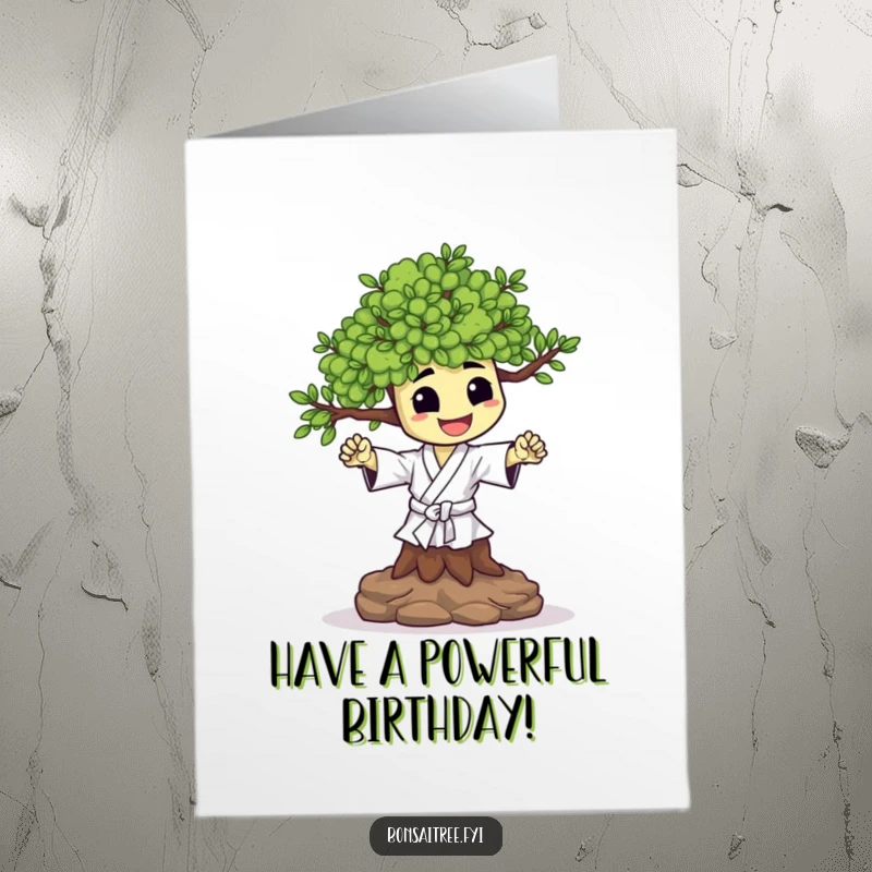 Funny Free Printable Birthday Card: Happy bonsai tree character performs a tiny karate chop, celebrating with energetic flair.
