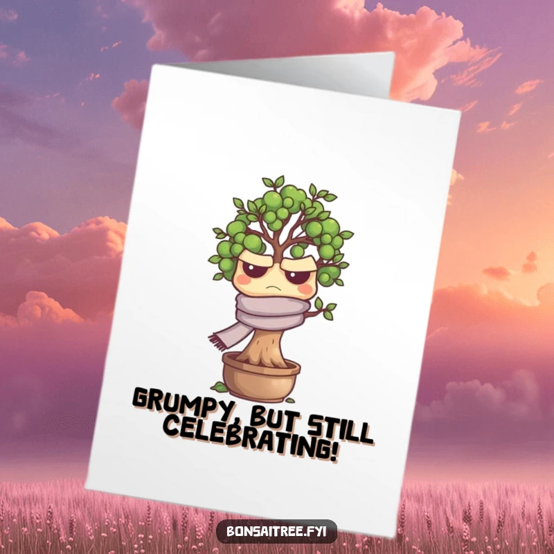 Funny Free Printable grumpy bonsai tree with scarf giving a side-eye on a birthday card.