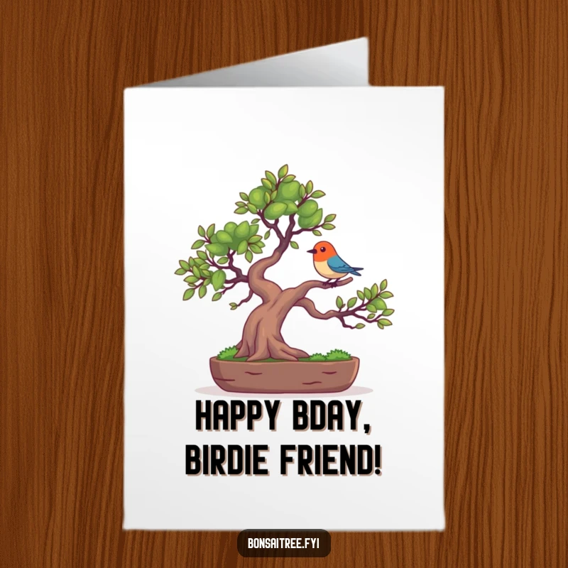 Funny Free Printable Birthday Card: A bonsai tree character balancing a tiny, colorful bird on its branch with a smile.