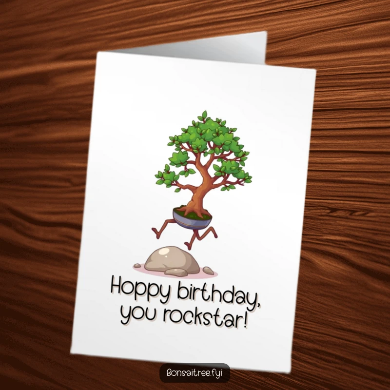 Funny Free Printable Birthday Card: A small bonsai tree with tiny legs gleefully hops over a smooth pebble, ready for celebration.